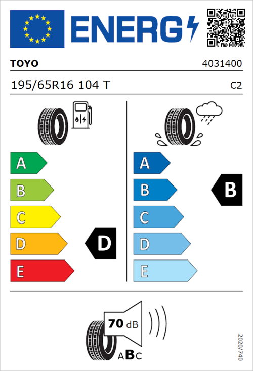 Tyre Label for Toyo Neva 195/65R16 104T
