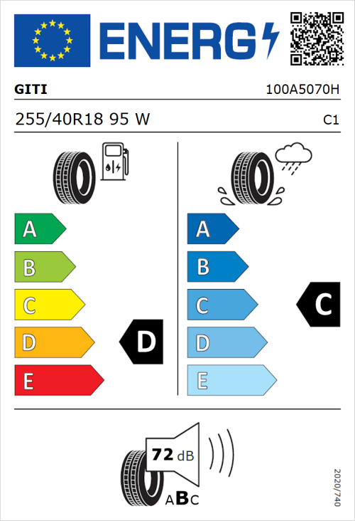 Tyre Label for Giti GitiControl 288 255/40R18 95W