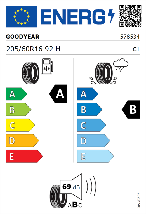 Tyre Label for Goodyear EfficientGrip Performance 205/60R16 92H