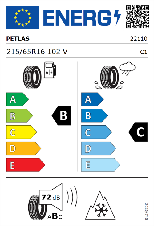 Tyre Label for Petlas Multi Action PT565 215/65R16 102V