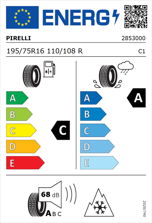 Tyre Label for Pirelli Carrier All Season 195/75R16 110/108R