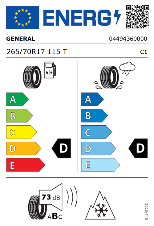 Tyre Label for General Grabber AT 3 265/70R17 115T